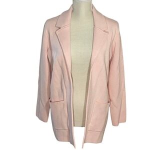 Magaschoni Open Front Collared Wool-Blend Cardigan‎ Blazer Pink Pockets Layering